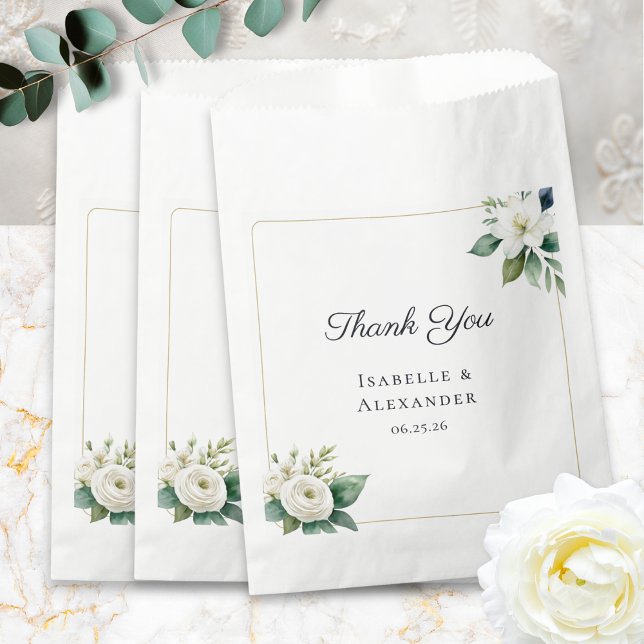Simple Elegant Floral Personalized Wedding Favour Bags (Elegant wedding favor bags with classic white flowers, personalized with names and wedding date)