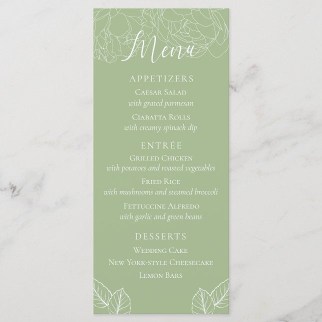 Simple Elegant Floral Sage Green Wedding  Menu (Front)