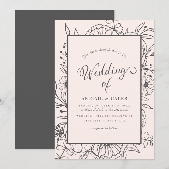 Simple Elegant Floral Sketch Pink & Grey Wedding Invitation (Front/Back)
