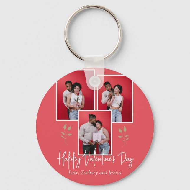 Simple Elegant Floral valentine's day couple photo Key Ring (Front)