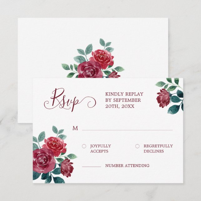 Simple Elegant Floral Watercolor Burgundy Wedding RSVP Card (Front/Back)