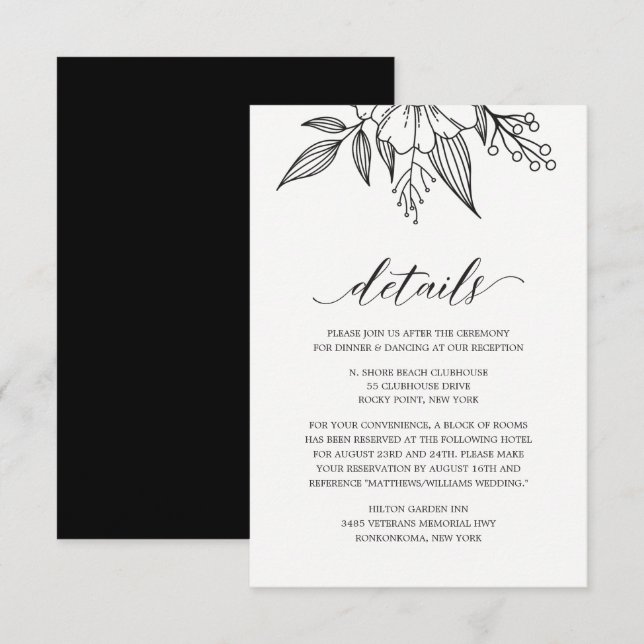 Simple Elegant Floral Wedding Black Enclosure Card (Front/Back)