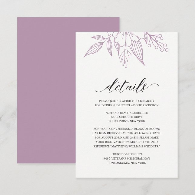 Simple Elegant Floral Wedding Lavender Purple Enclosure Card (Front/Back)
