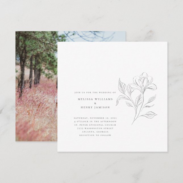 Simple Elegant Floral White Wedding Photo Invitation (Front/Back)