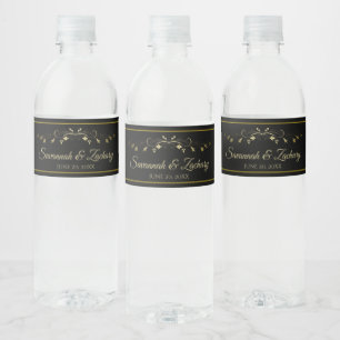 Simple Elegant Flourish Gold & Black Wedding Water Bottle Label