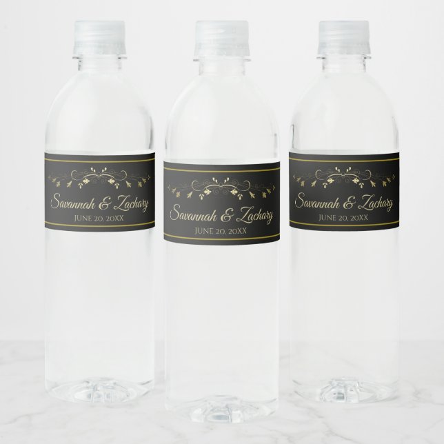 Simple Elegant Flourish Gold & Black Wedding Water Bottle Label (Bottles)