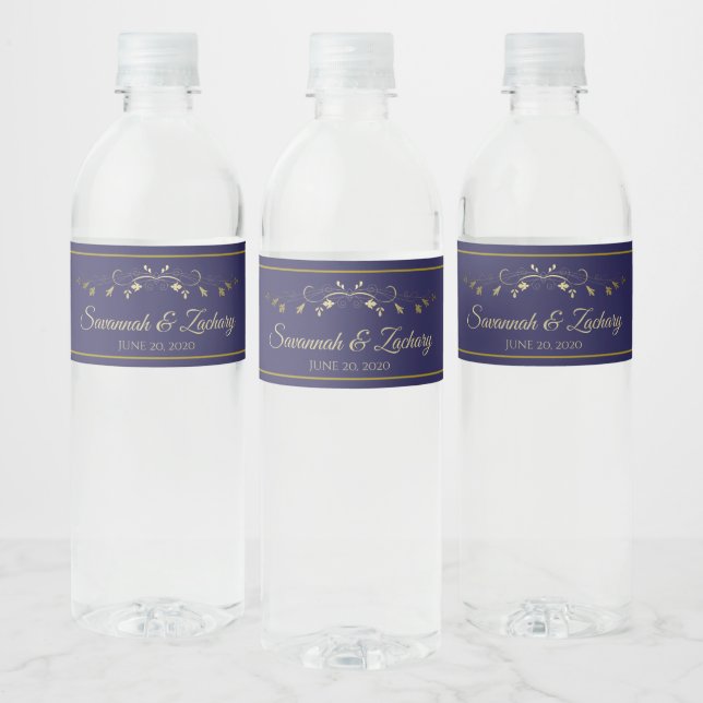 Simple Elegant Flourish Gold & Navy Blue Wedding Water Bottle Label (Bottles)