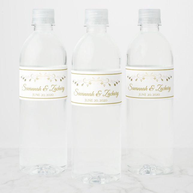 Simple Elegant Flourish Gold & White Wedding Water Bottle Label (Bottles)