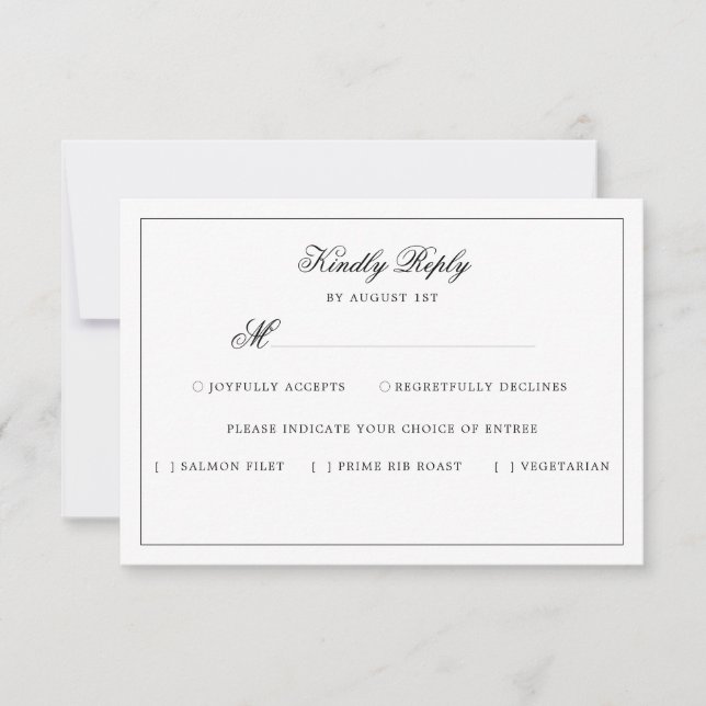 Simple Elegant Formal Black & White Meal Choice RSVP Card (Front)