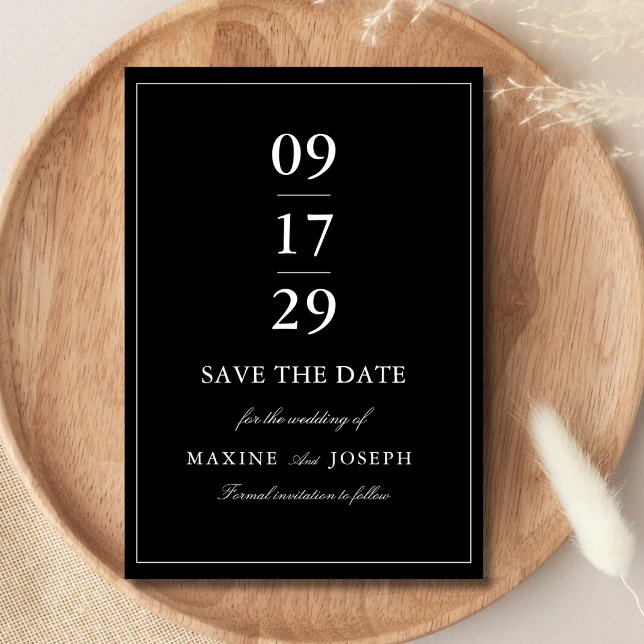 Simple Elegant Formal Black & White Wedding Save The Date (Simple black and white wedding save the date shares your big news with timeless elegance.)