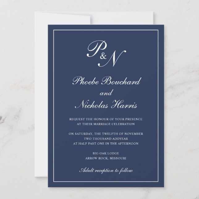 Simple Elegant Formal Monogram Navy Blue Wedding Invitation (Front)