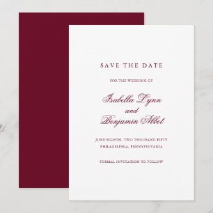 Simple Elegant Formal Non Photo Burgundy Wedding Save The Date