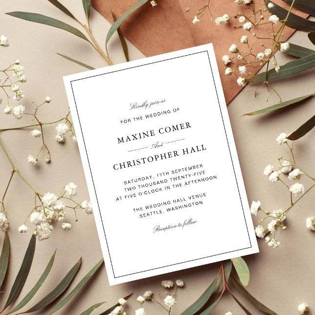 Simple Elegant Formal White & Black Wedding Invitation (Simple white and black wedding invitation creates a timeless, elegant first impression.)