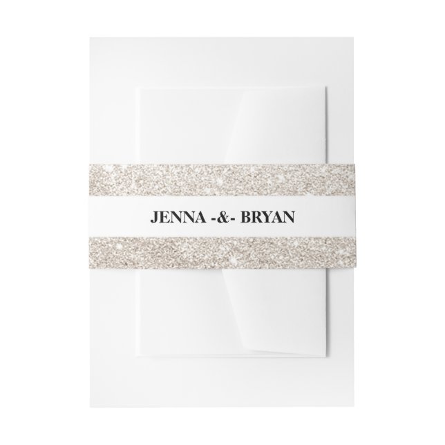Simple Elegant Glitter Beige & White Personalised Invitation Belly Band (Front Example)