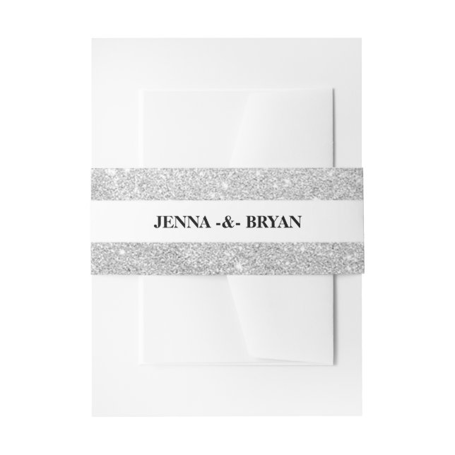 Simple Elegant Glitter Silver & White Personalised Invitation Belly Band (Front Example)