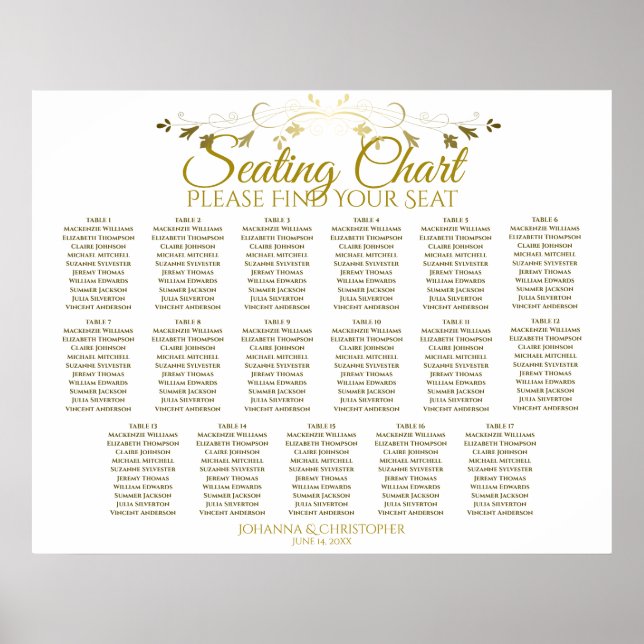 Simple Elegant Gold 17 Table Wedding Seating Chart (Front)