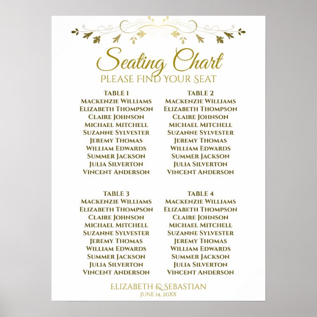 Simple Elegant Gold 4 Table Wedding Seating Chart (Front)
