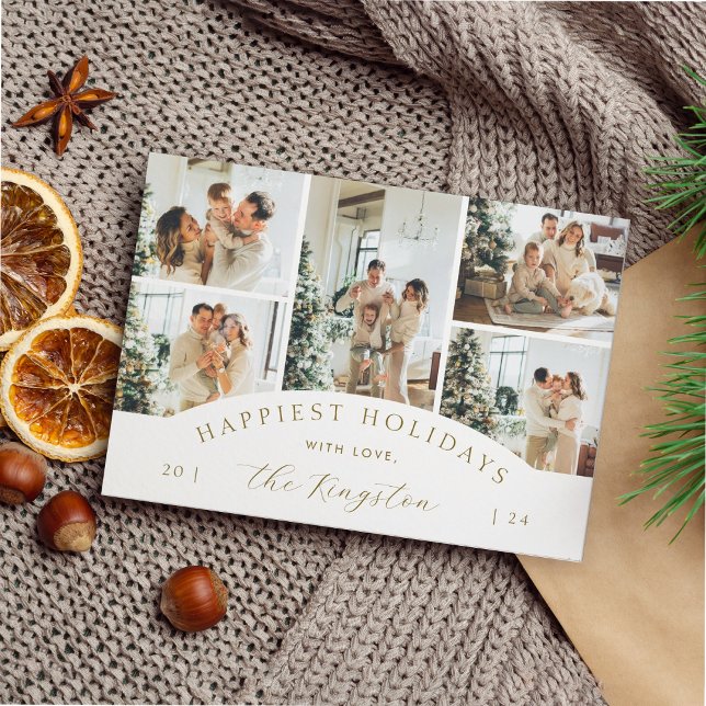 Simple Elegant Gold 5 Photo Collage Holiday Card (Creator Uploaded)