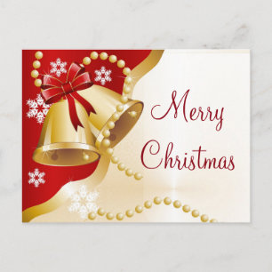 Simple Elegant Gold Bell Pearls Merry Christmas Holiday Postcard