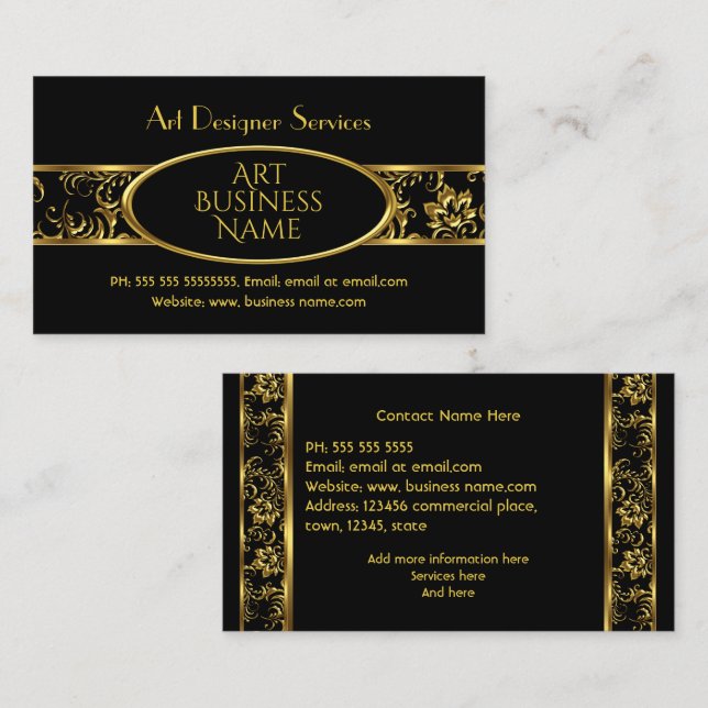 Simple Elegant Gold Black Floral Damask Business Card (Front/Back)