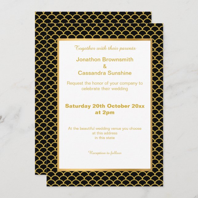 SIMPLE & ELEGANT GOLD BLACK MERMAID SCALE PATTERN INVITATION (Front/Back)