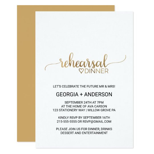 Simple Elegant Gold Calligraphy Rehearsal Dinner Card