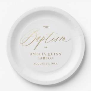Simple Elegant Gold Calligraphy Script Baptism Paper Plate