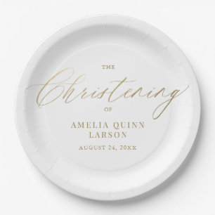 Simple Elegant Gold Calligraphy Script Baptism Paper Plate