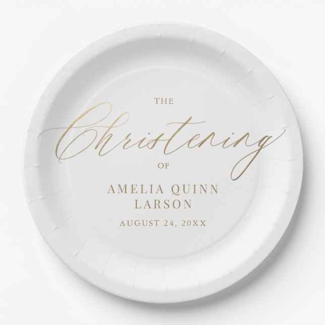 Simple Elegant Gold Calligraphy Script Baptism Paper Plate (Front)