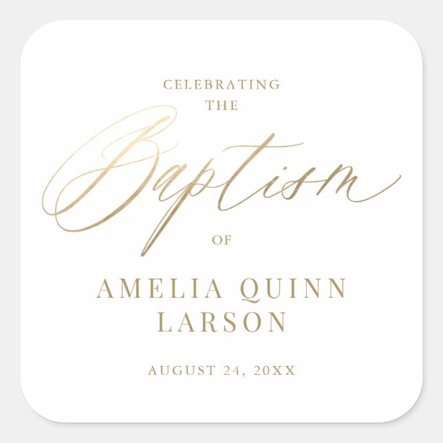 Simple Elegant Gold Calligraphy Script Baptism Square Sticker (Front)