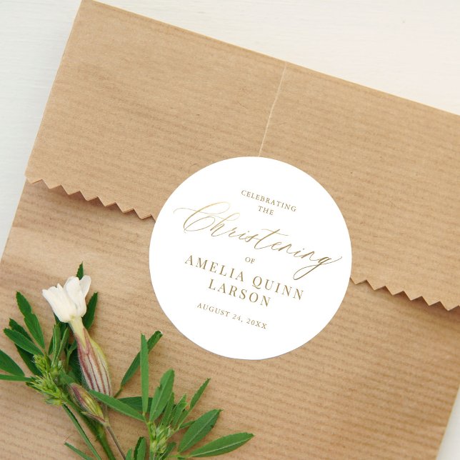 Simple Elegant Gold Calligraphy Script Christening Classic Round Sticker (Creator Uploaded)
