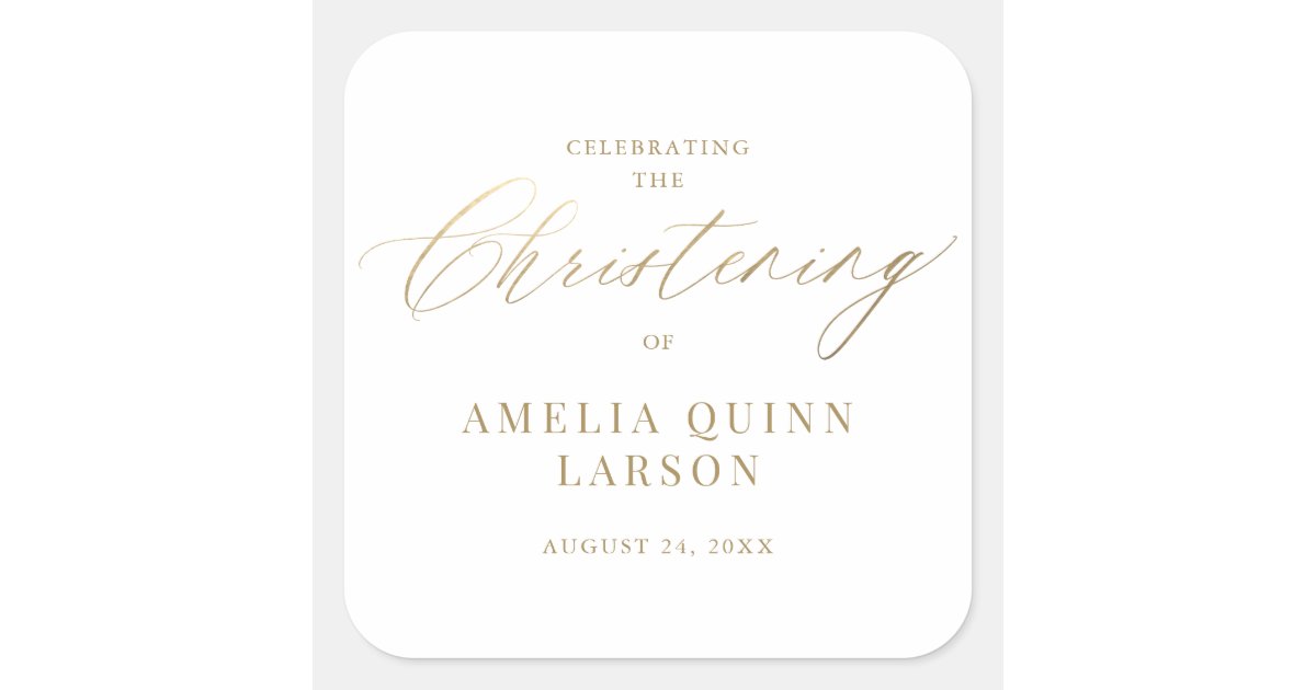 Simple Elegant Gold Calligraphy Script Christening Square Sticker | Zazzle