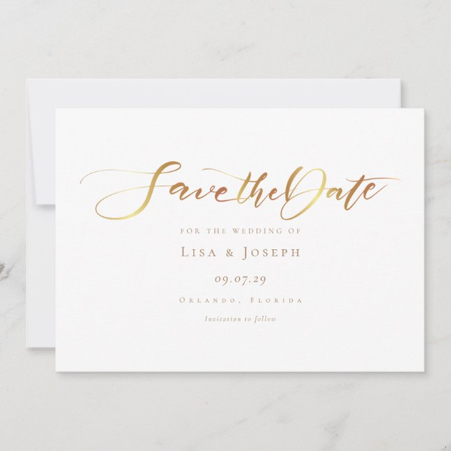 Simple Elegant Gold Calligraphy Script Save The Date (Front)
