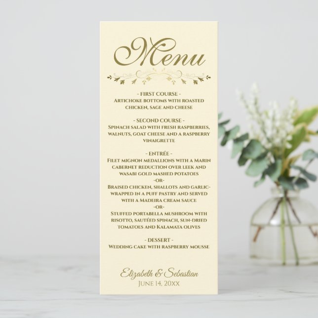 Simple Elegant Gold & Cream Lacy Filigree Wedding  Menu (Standing Front)
