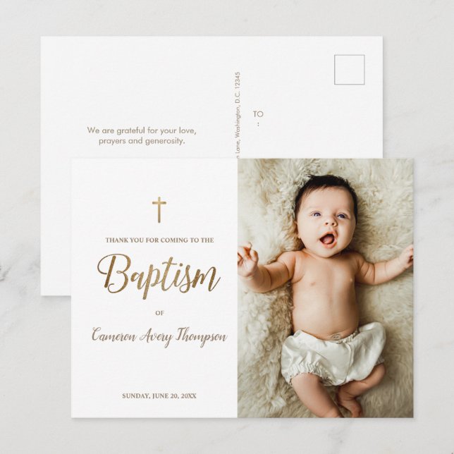 Simple Elegant Gold Cross Baptism Photo Thank You Postcard (Front/Back)