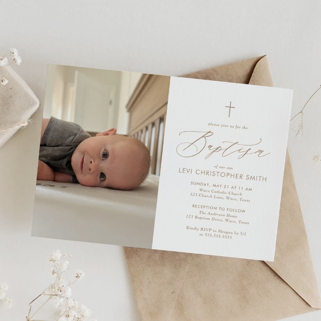 Simple Elegant Gold Cross Photo Baptism Invitation (Creator Uploaded)