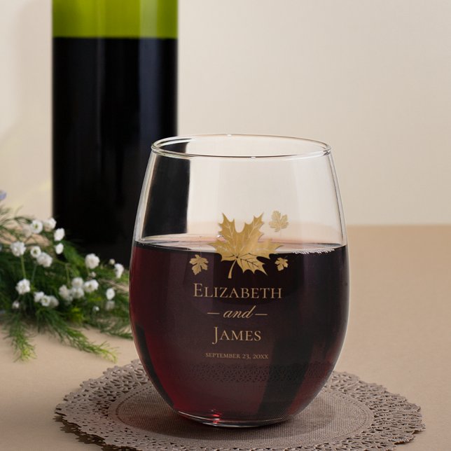 Simple Elegant Gold Fall Leaves Custom Wedding Stemless Wine Glass (Creator Uploaded)