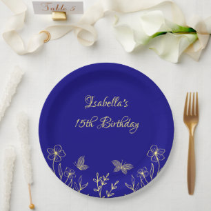 Simple elegant gold flower royal blue paper plate