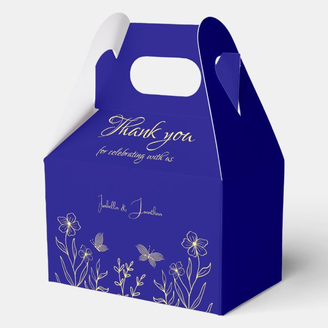Simple elegant gold flower royal blue wedding favour box (Front)