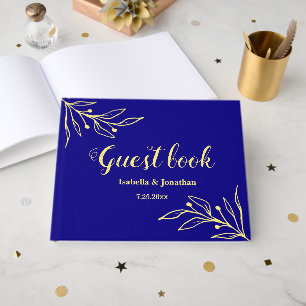 Simple elegant gold flower royal blue wedding guest book