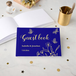 Simple elegant gold flower royal blue wedding guest book