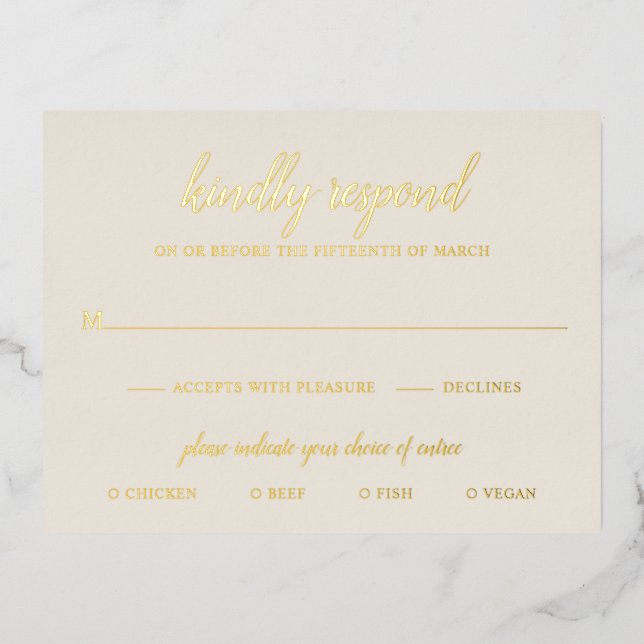 Simple Elegant Gold Foil Ivory Wedding RSVP Card (Front)
