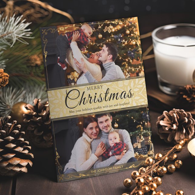 Simple Elegant Gold Frame 2 Photo Christmas Holiday Card (Creator Uploaded)