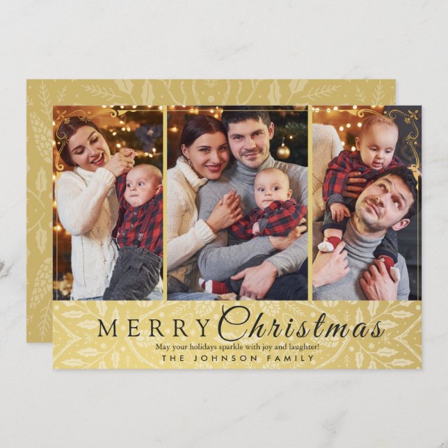 Simple Elegant Gold Frame 3 Photo Christmas Holiday Card (Front/Back)