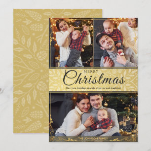 Simple Elegant Gold Frame 3 Photo Christmas Holiday Card