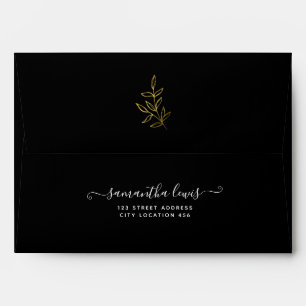 Simple Elegant Gold Leaves Black Wedding Envelope
