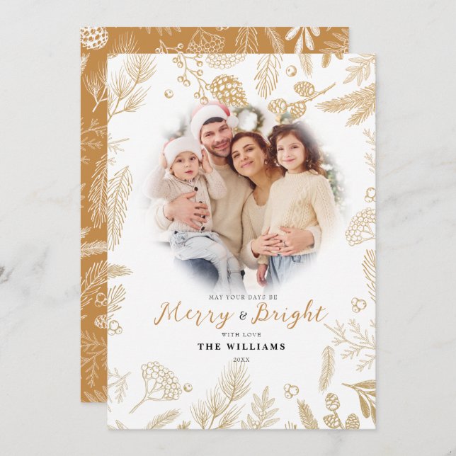 Simple Elegant Gold Merry & Bright Photo Christmas Holiday Card (Front/Back)
