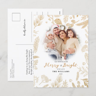 Simple Elegant Gold Merry & Bright Photo Christmas Holiday Postcard