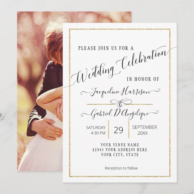 Simple Elegant Gold Minimal Script Wedding Photo I Invitation (Front/Back)