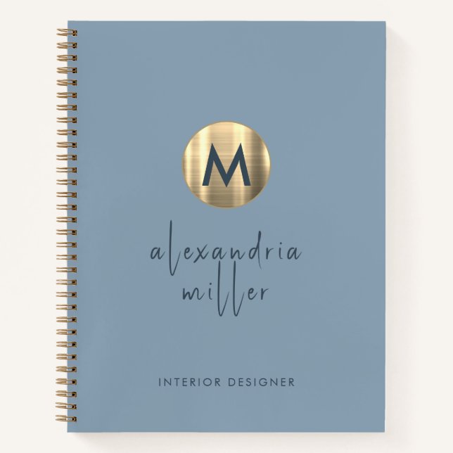 Simple Elegant Gold Monogram Dusty Blue Notebook (Front)